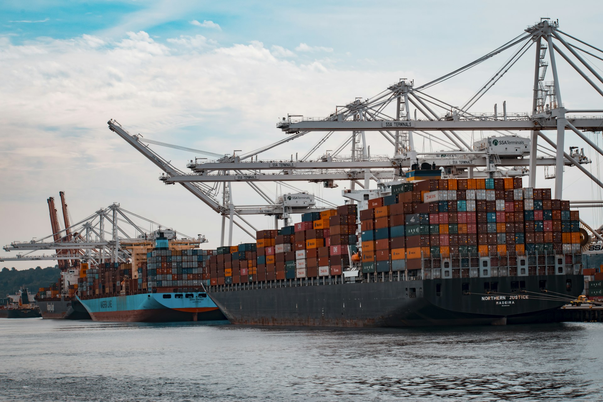 Row of gantry cranes at a container terminal