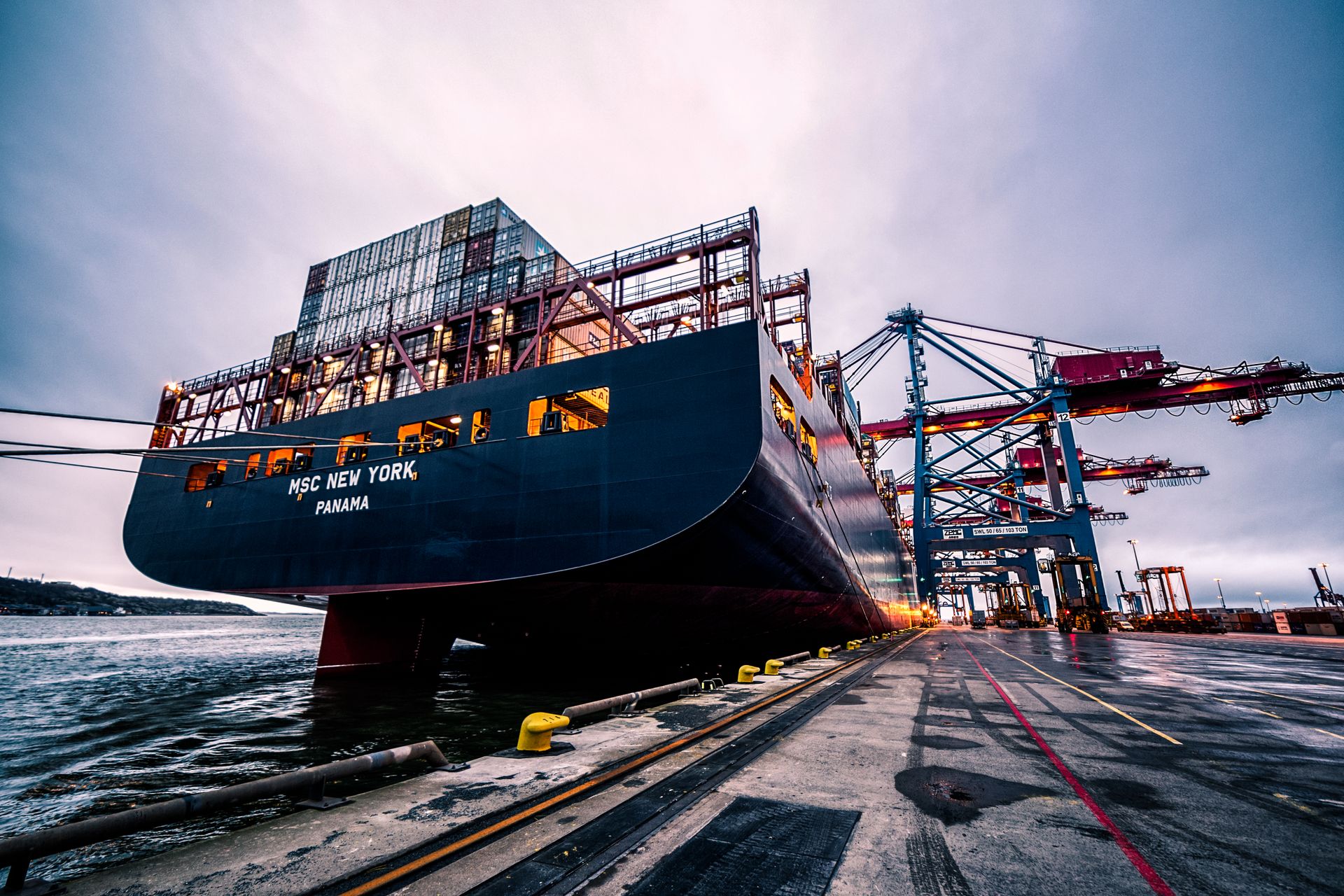 Cargo vessel alongside a dock during loading