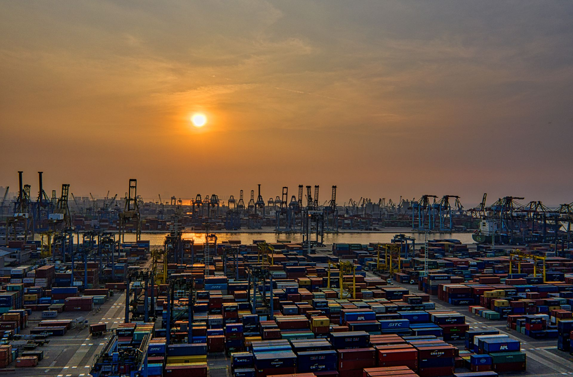 Container yard at dusk